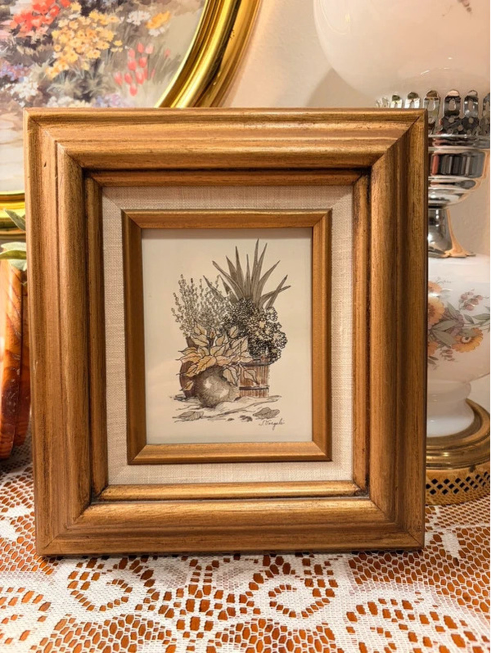 Vintage Framed Botanical Still Life Print Gold Wood Frame Cottage Decor